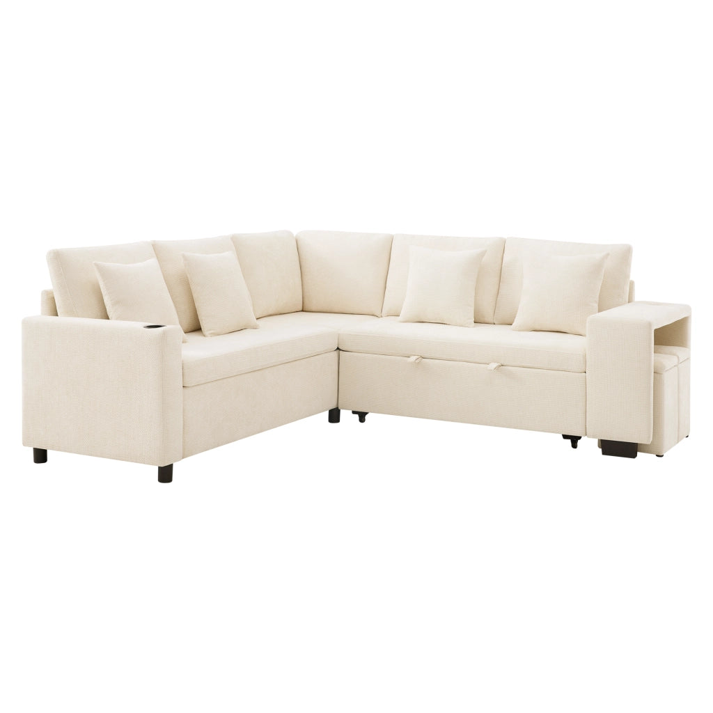 Divano letto angolare modulare 220x205 cm con contenitore, USB e USB-C in ciniglia beige