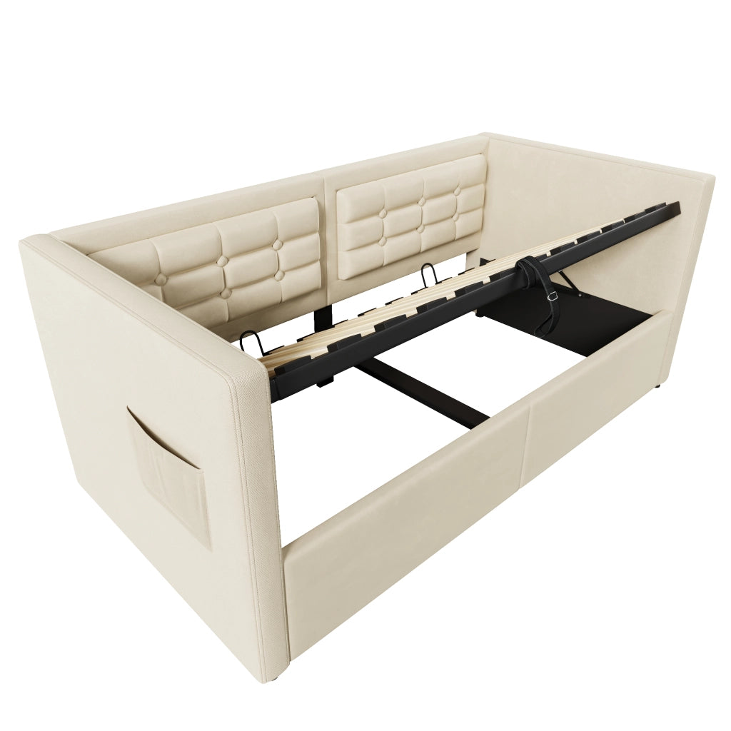 Letto divano singolo 90 × 200 cm con contenitore idraulico, USB e porta tipo C, senza materasso, velluto beige