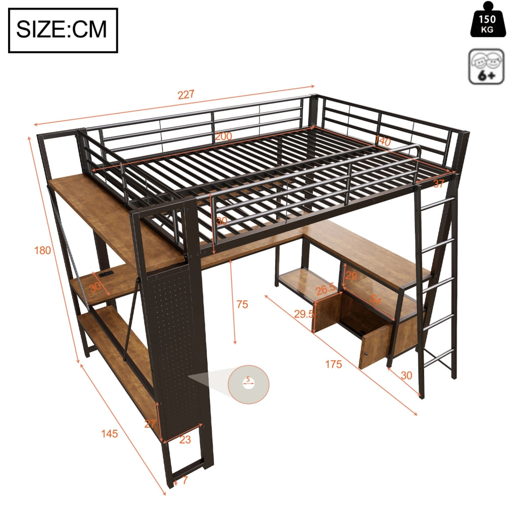 Letto a soppalco 140x200 cm con scrivania; LED e USB in metallo e MDF nero