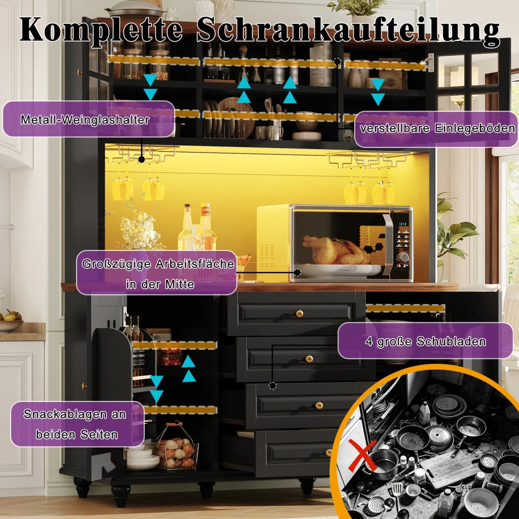 Highboard cucina soggiorno nero, corpo MDF, piedi gomma naturale, illuminazione LED RGB, ripiani regolabili, portabicchieri metallo, moderno mobile contenitore