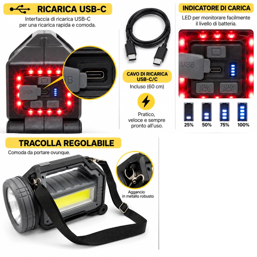 Lampada Portatile LED Ricaricabile – 2400 lm + COB 360 lm – IP44 – Power Bank USB-C