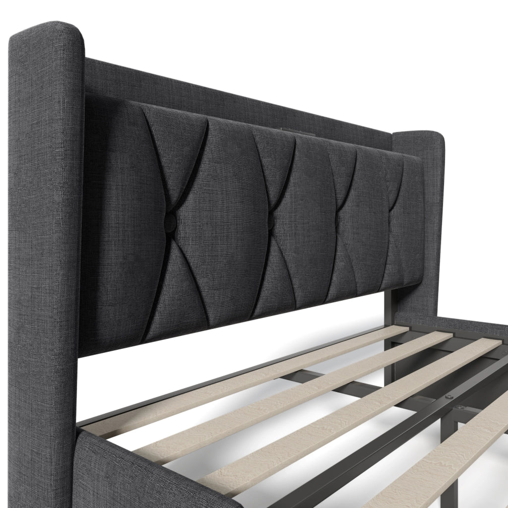 Letto 140 x 200 cm con 4 cassetti e testiera USB, lino grigio, rete a doghe