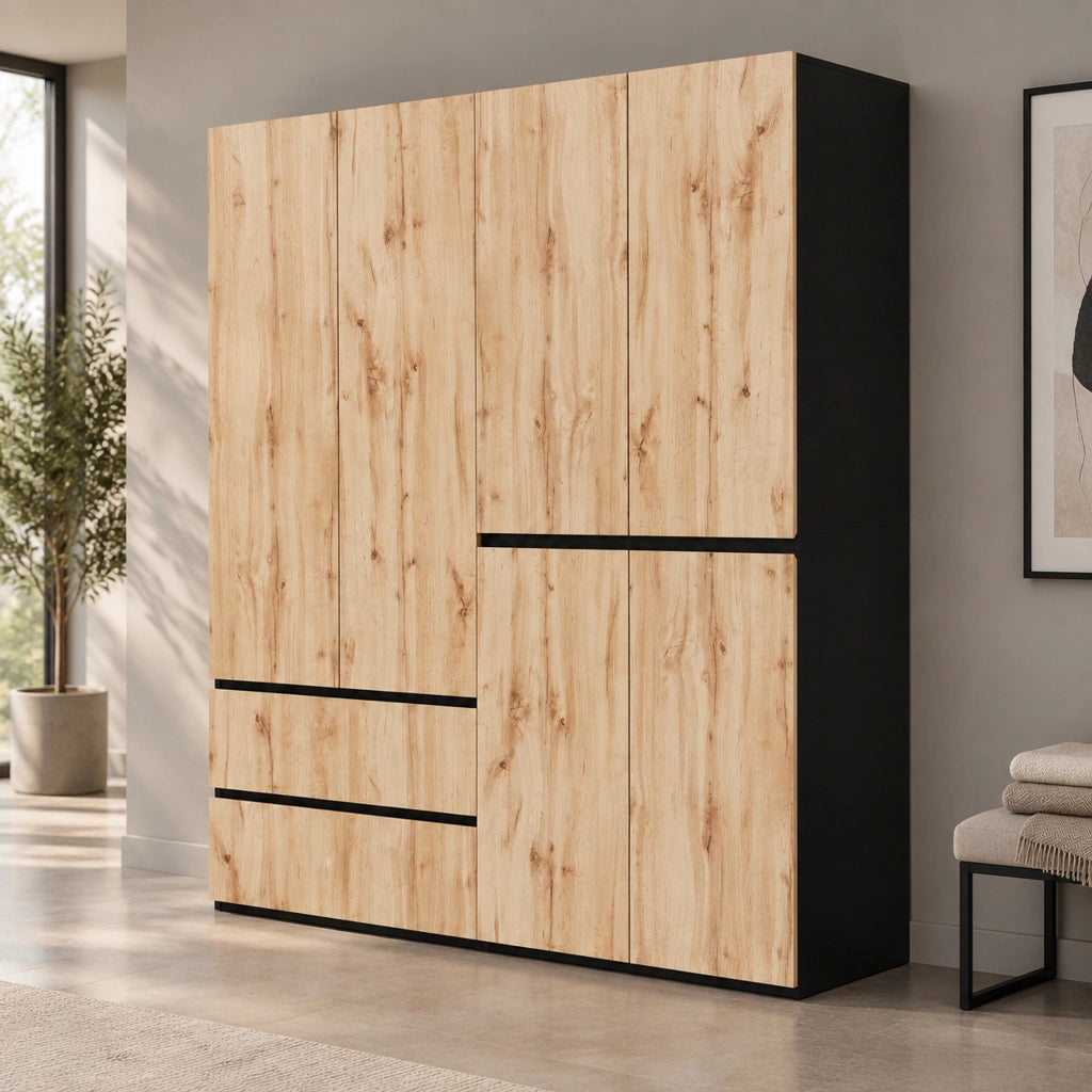 Armadio 6 ante con 5 cassetti e 2 barre appendiabiti mobile contenitore per camera da letto in MDF e pannello truciolare rovere