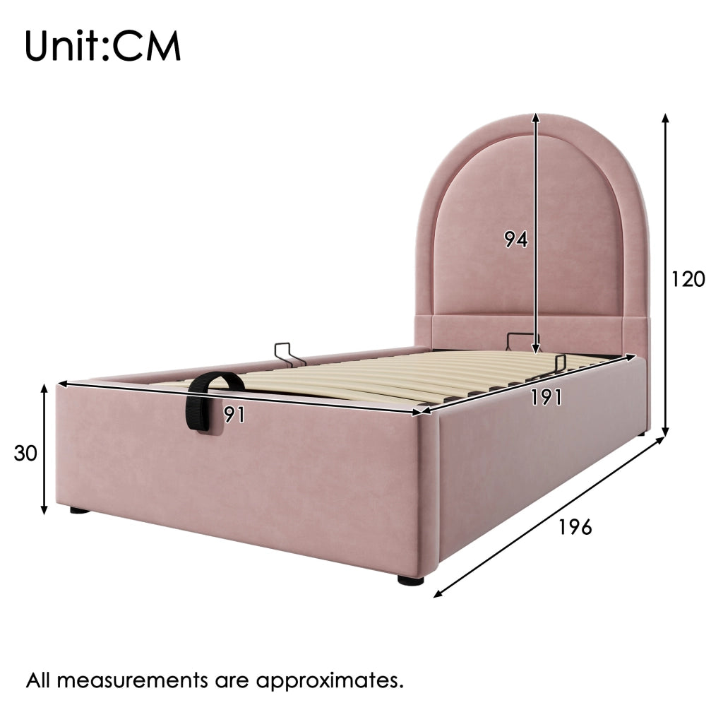 Letto imbottito 90x190 cm con vano contenitore e rivestimento in velluto rosa