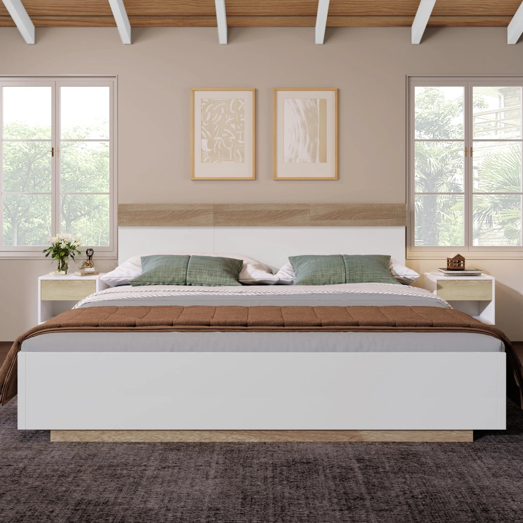 Letto Matrimoniale Imbottito  cm con Testiera Contenitore; White+Oak