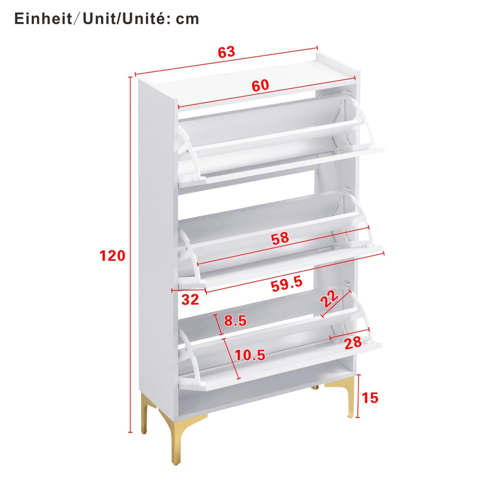 Scarpiera verticale salvaspazio a tre livelli in MDF bianco con gambe in metallo dorato, per ingresso 63 × 24 × 120 cm