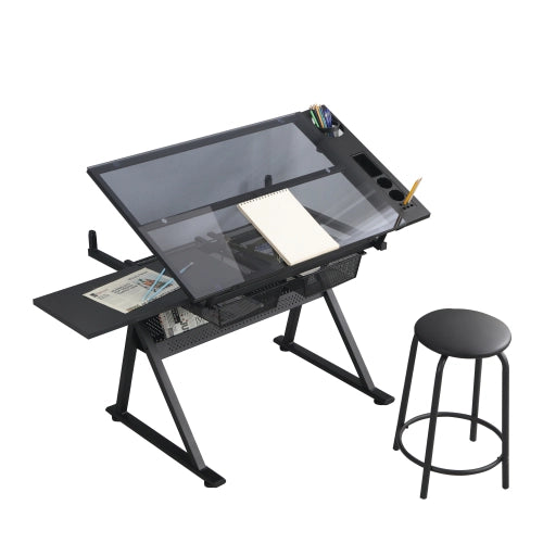 Scrivania dritta con sgabello piano in vetro temprato inclinabile 0-75° due cassetti in metallo nera