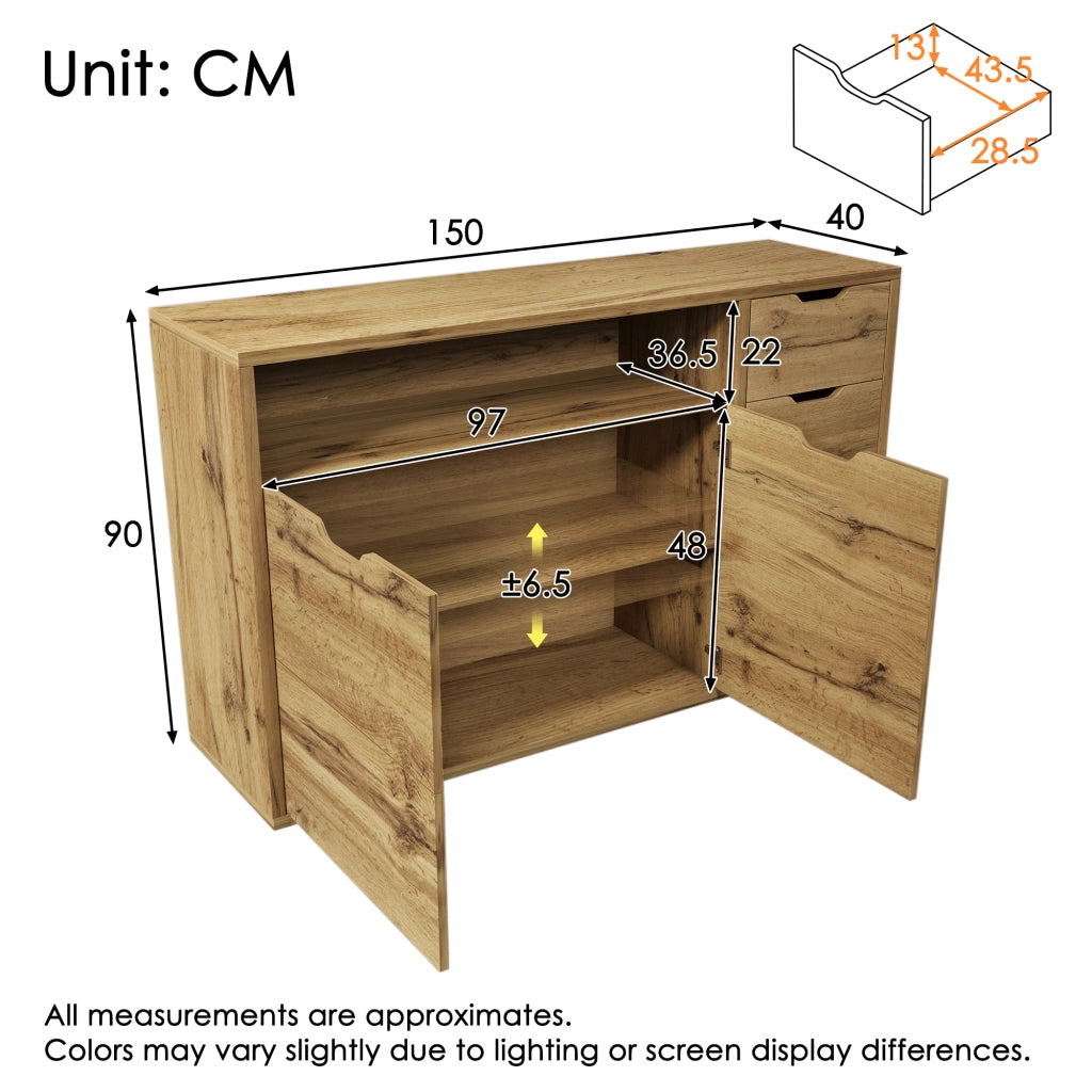 Credenza 150x40x90 cm con 2 ante; 4 cassetti e vano aperto; ripiani regolabili; MDF effetto rovere e metallo