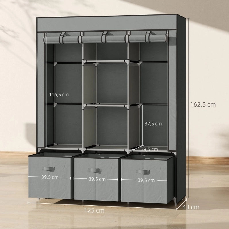 Armadio in tessuto con appendiabiti e cassetti, 125x43x162,5 cm, grigio chiaro
