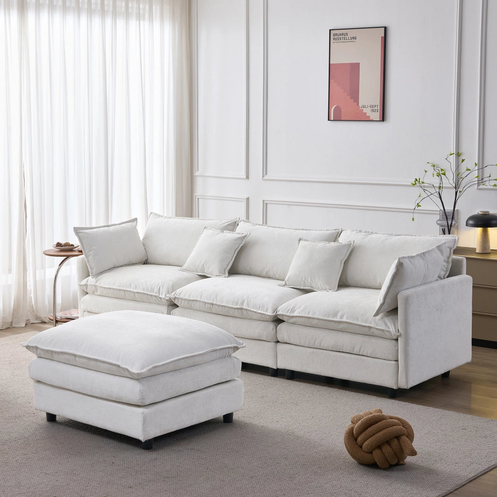 Divano angolare modulare 3 posti con pouf mobile in chenille beige struttura in legno e cuscini sfoderabili
