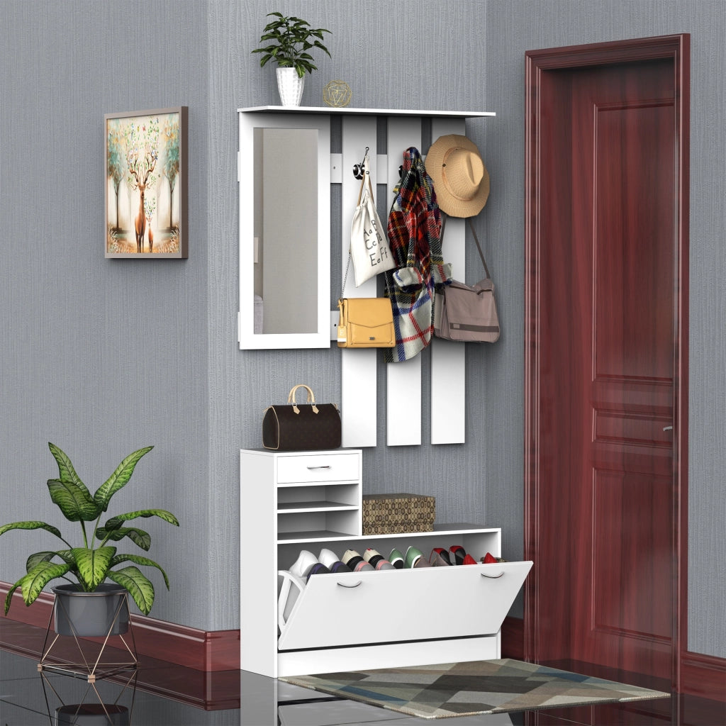 EasyComfort Set Mobili Ingresso Moderno con Scarpiera e Specchio, Appendiabiti da Ingresso con 6 Ganci, 2 Ripiani Regolabili e Cassetti in Legno per Corridoio, 90x24x166 cm, Bianco