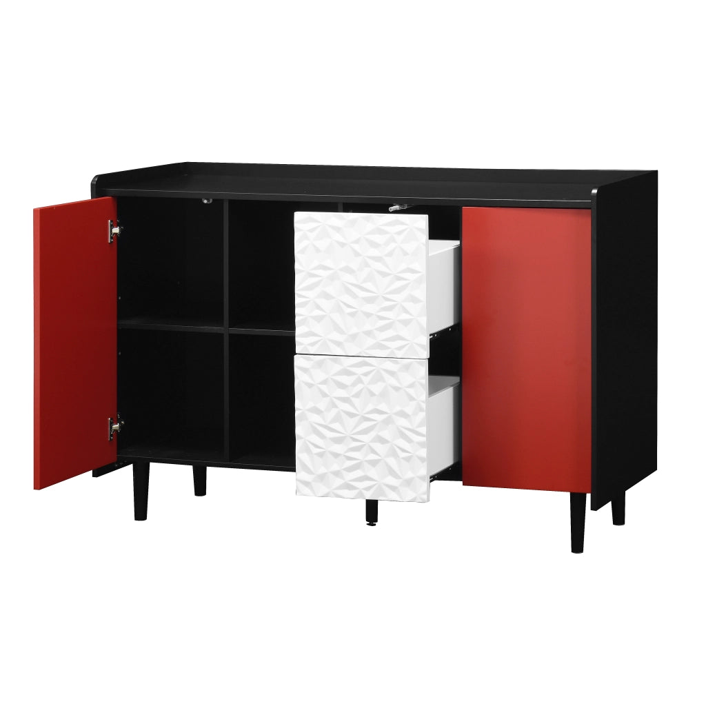 Credenza con 2 cassetti; vani aperti e armadietto chiuso in MDF nero e rosso 120 × 40 × 80 cm