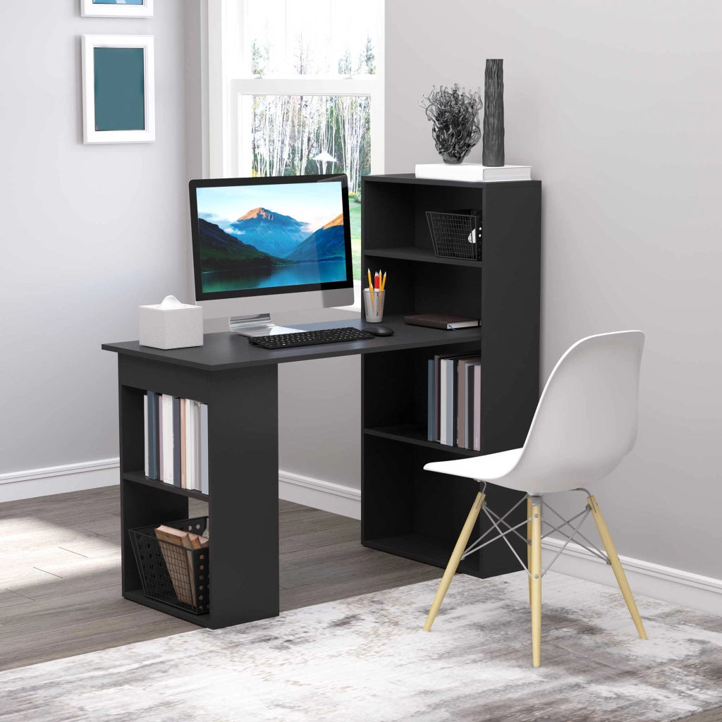 EasyComfort Scrivania PC in Legno con 6 Ripiani Portaoggetti Laterali, 120x55x120 cm, Nero