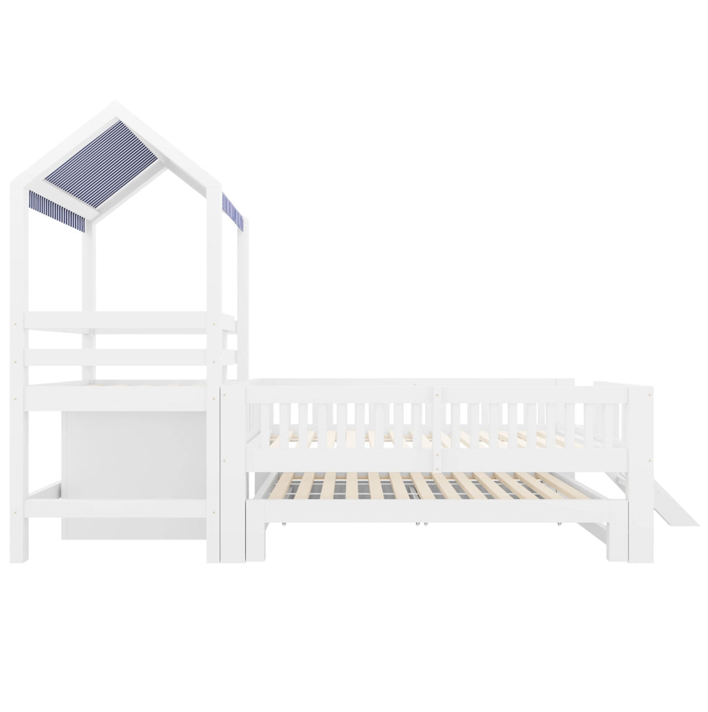 Letto per bambini a soppalco 90x200 cm con lettino estraibile 90x190 cm, struttura in legno massello bianco con scaletta laterale e cassettiera a 4 cassetti
