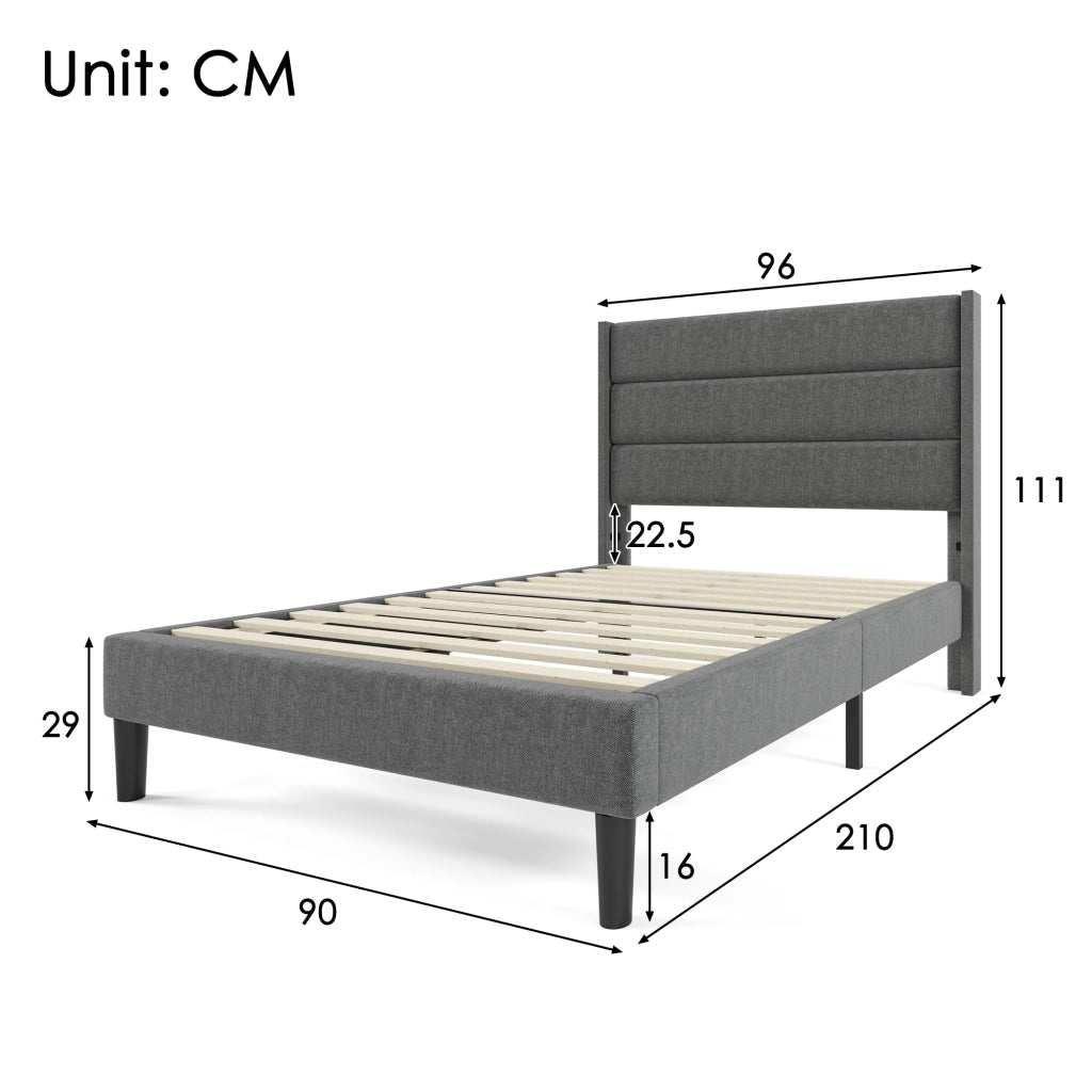 Letto singolo imbottito 90 × 200 cm con rete a doghe e materasso a molle insacchettate lino grigio scuro