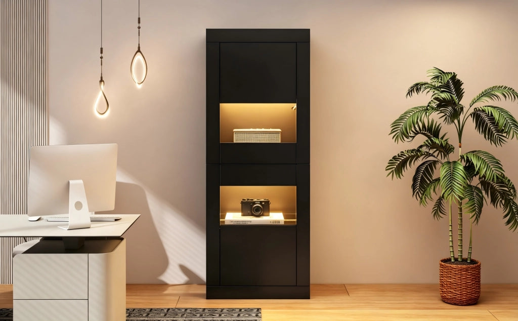 Vetrina alta nera con illuminazione a LED, ripiani in vetro regolabili e ampio spazio espositivo