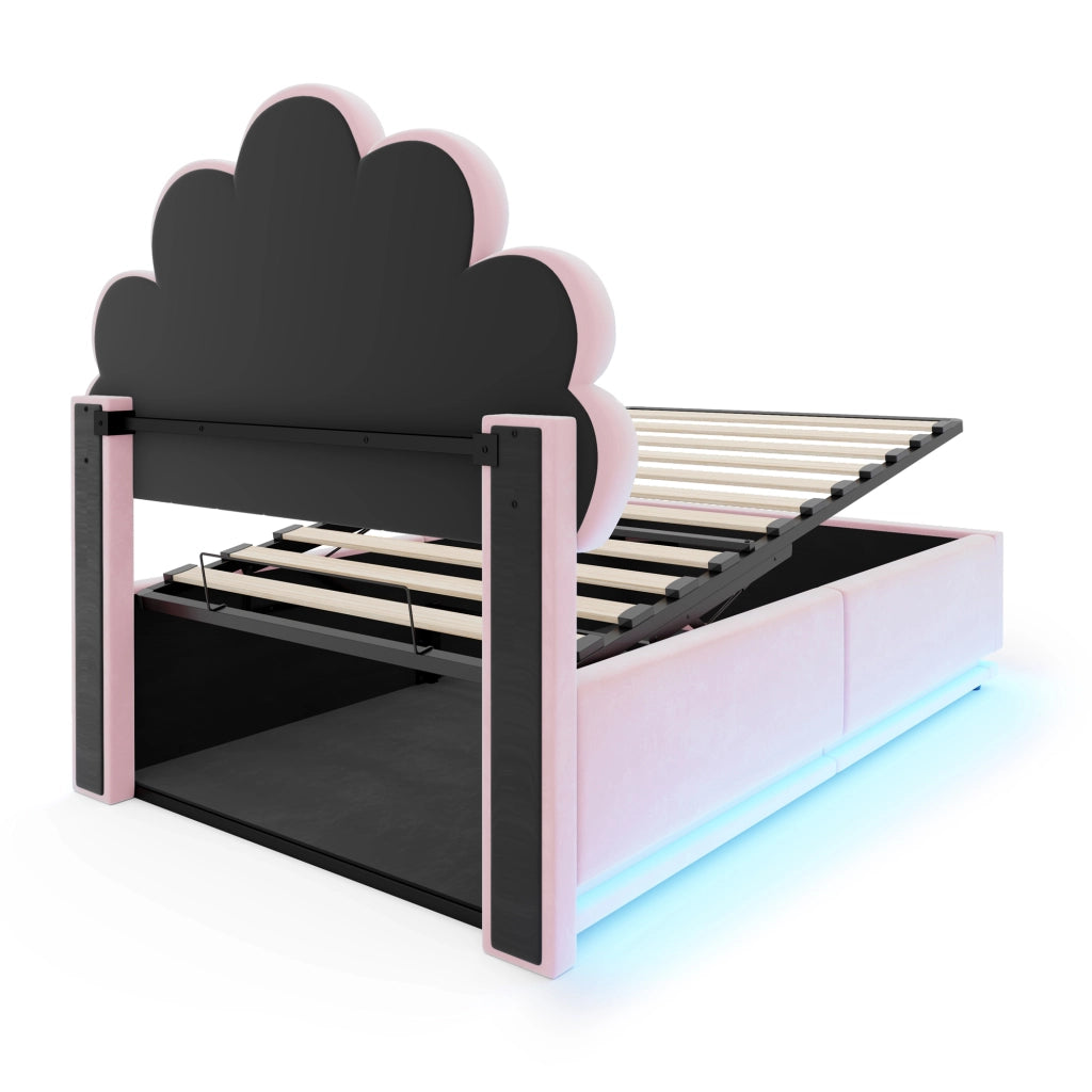 Letto contenitore 90 × 200 cm imbottito con testiera a fiore LED regolabile struttura in metallo velluto rosa