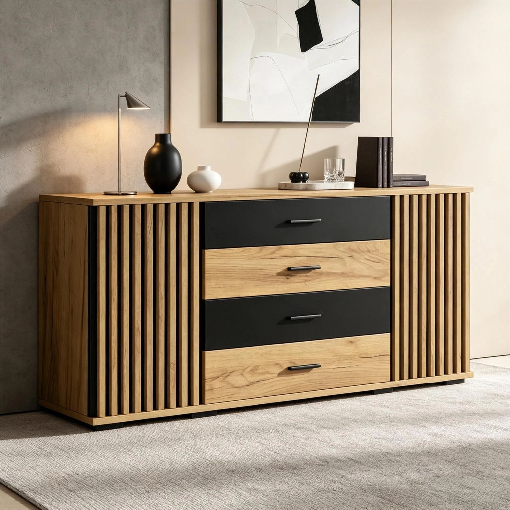SIDEBOARD 140x35x70 cm in MDF nero e effetto rovere con 4 cassetti e 2 ante