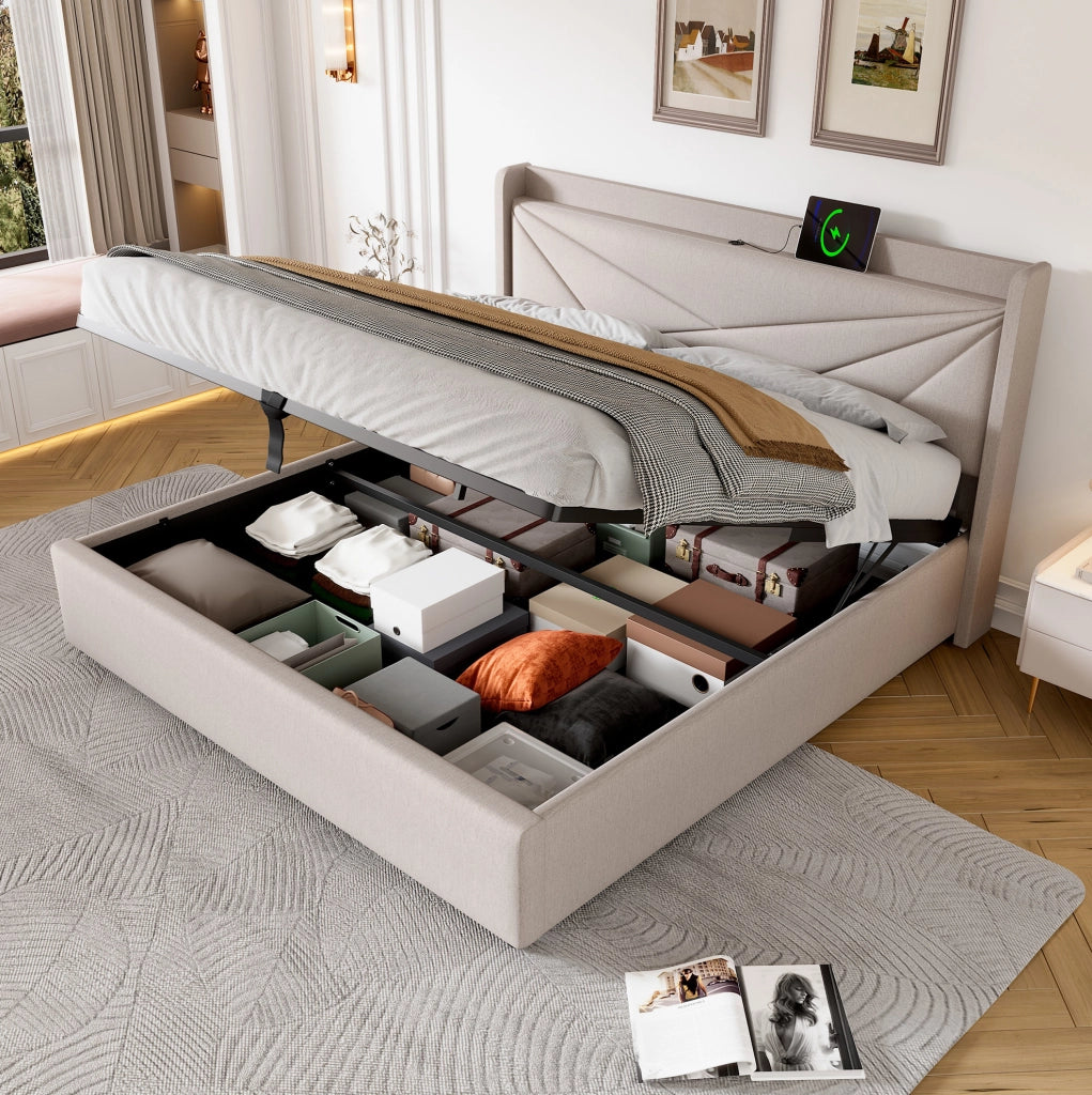 Letto matrimoniale 140x200 con contenitore, testiera con USB e Type-C