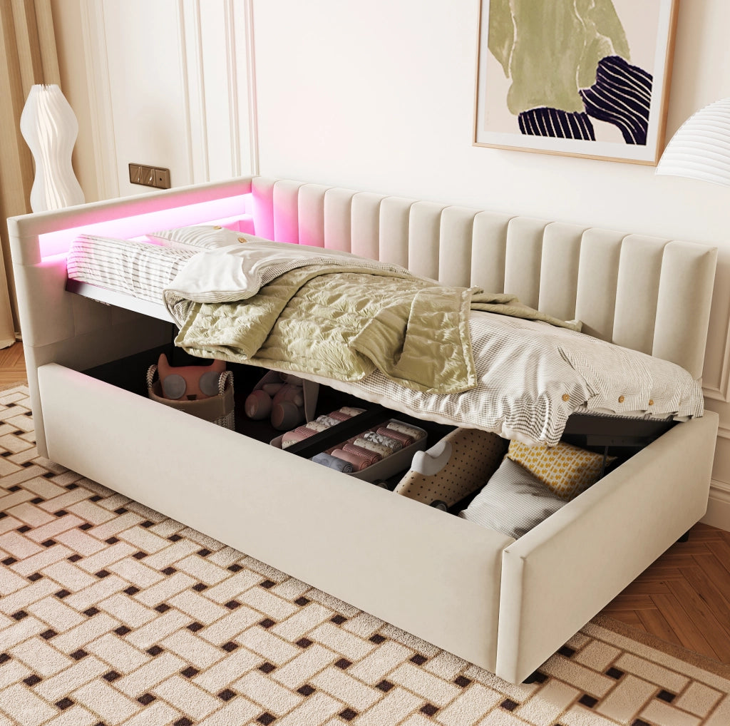 Letto sofà imbottito 90x200 cm con LED, contenitore idraulico, rivestimento in velluto beige