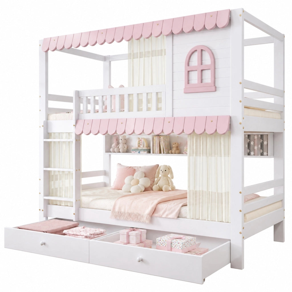 Letto a castello per bambini 90x200 cm con 2 cassetti; mensole; finestre e tende; pino MDF bianco rosa