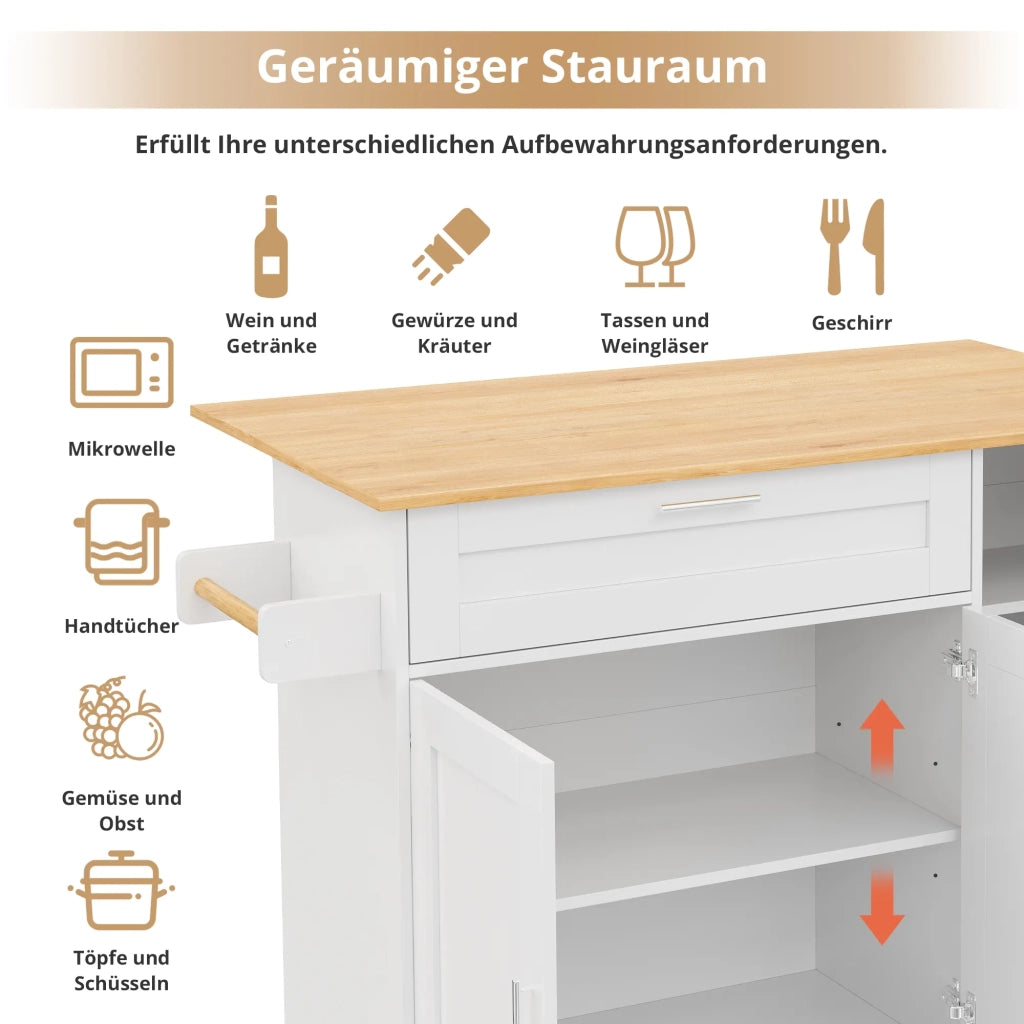 Tavolo da cucina mobile 132,5x44x90 cm con piano ribaltabile, effetto rovere. Mobile multifunzione con portaspezie e porta asciugamani, 5 ruote. Per cucina/casa