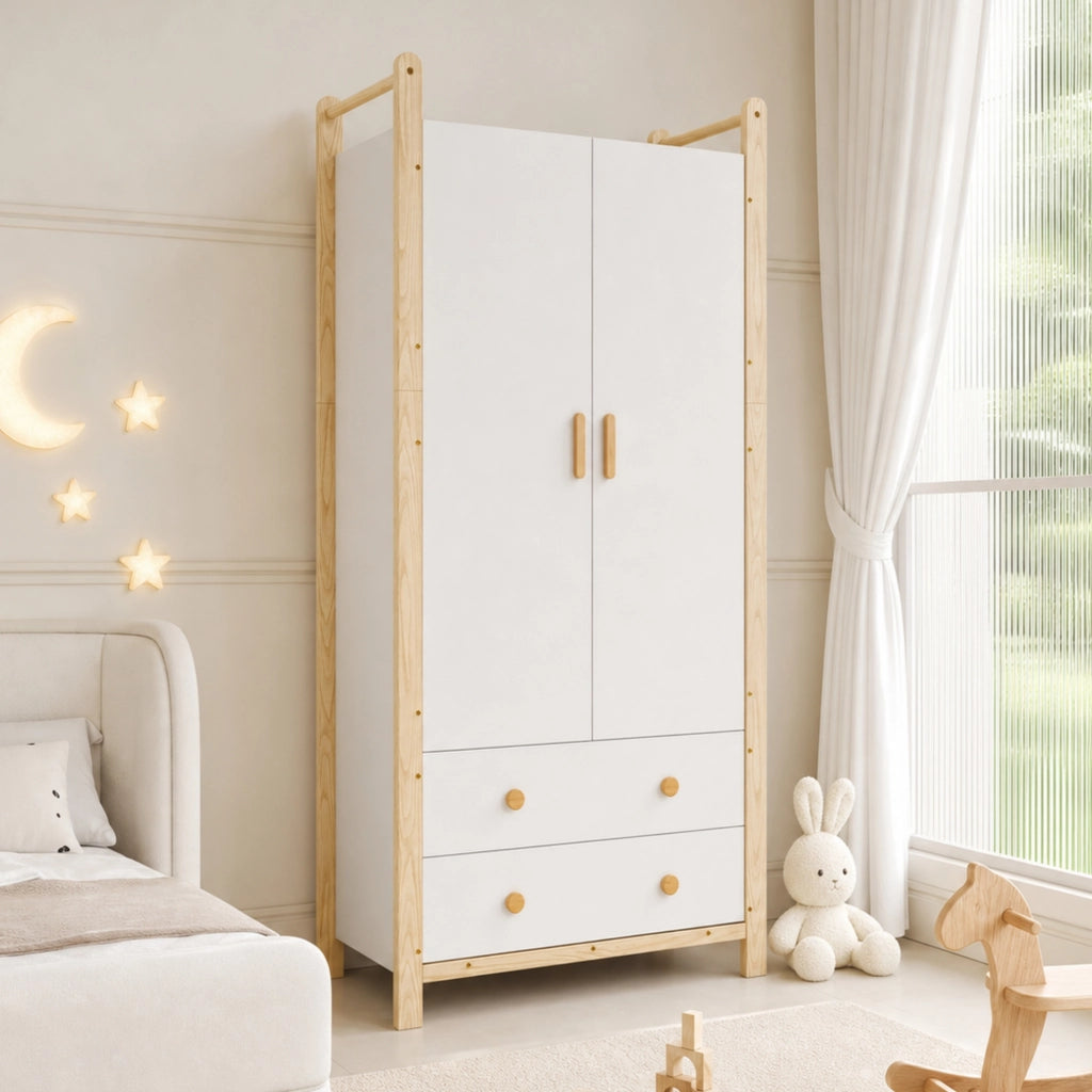 Armadio a 2 ante con appendiabiti e 2 cassetti per camera da letto bianco e legno 90 × 45 × 180 cm