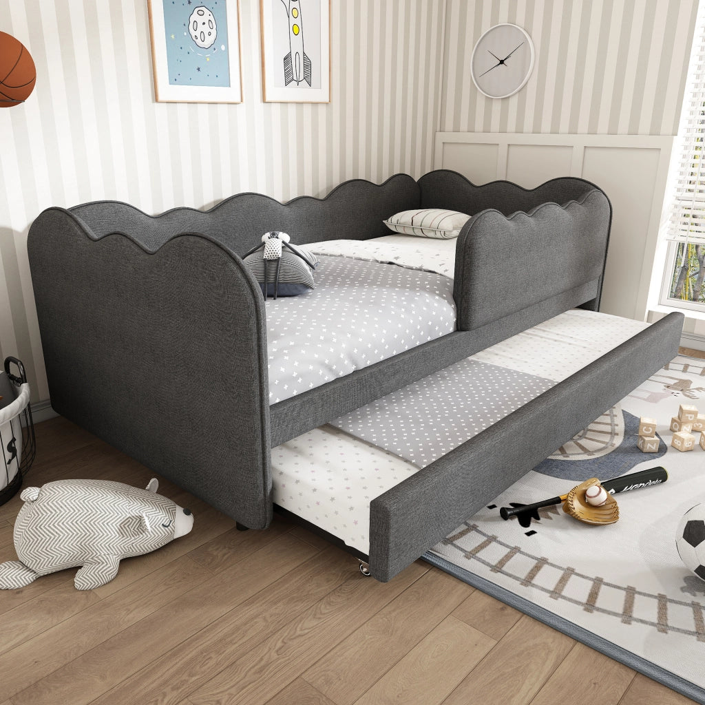 Letto estraibile 90×190 cm 2 posti con barriera e schienale imbottito; senza materasso; in lino; grigio