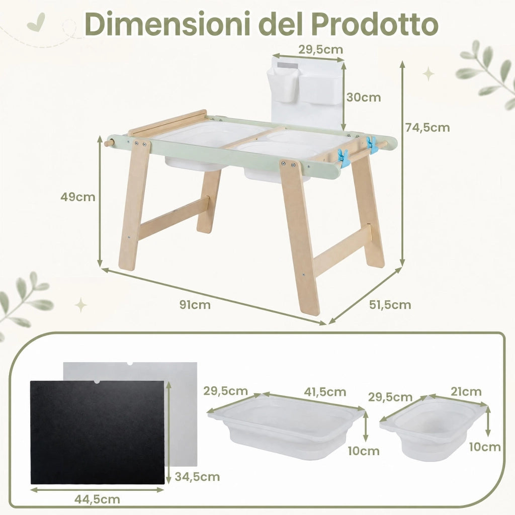 Tavolo sensoriale per bambini 3+ anni con pannello bifacciale, Tavolino montessori multiattivita per giochi con sabbia e acqua
