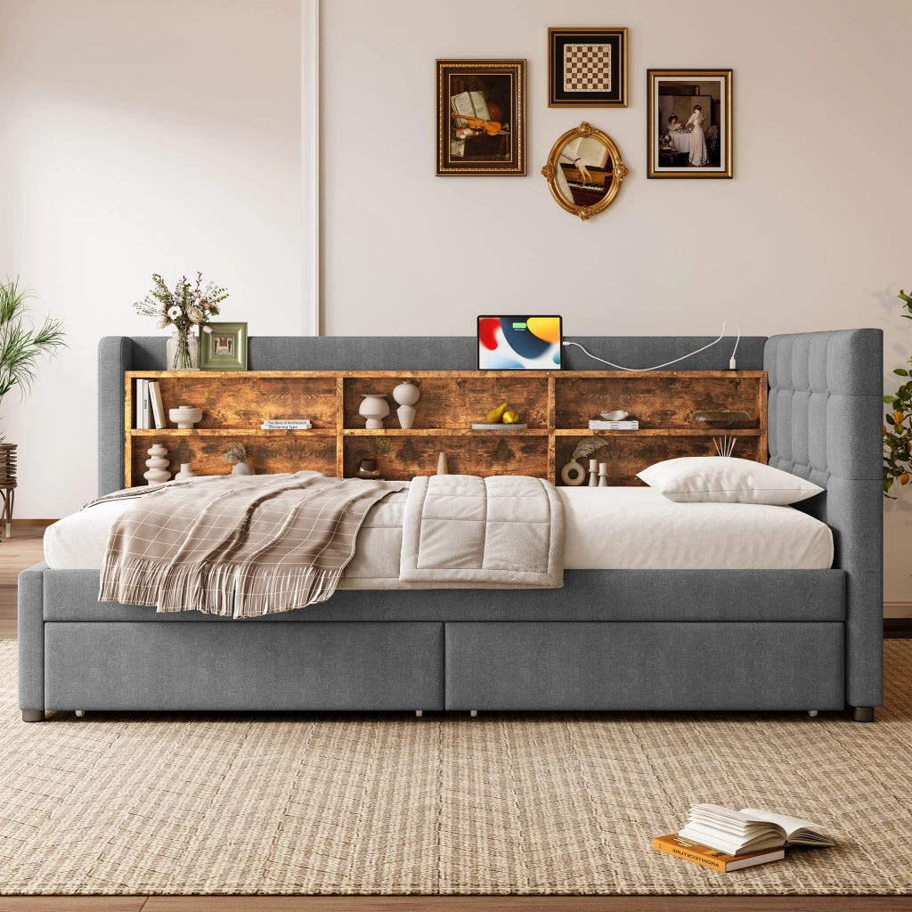 DESMIU Letto singolo 90 × 200 cm con 2 cassetti, USB, Type-C e ripiani, senza materasso, in lino, grigio