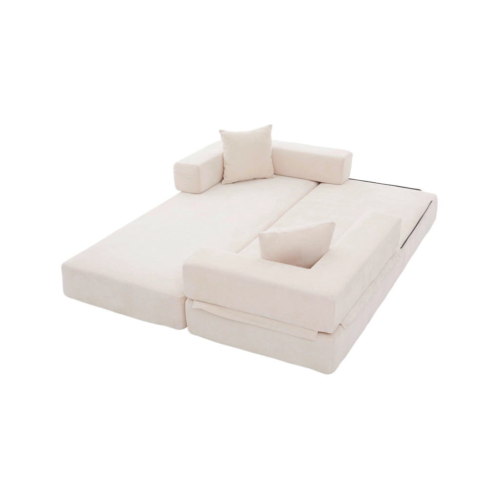 Divano modulare in ciniglia beige con tasche laterali e base antiscivolo