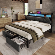 Letto matrimoniale imbottito 160x200 cm con LED; testiera contenitore e 2 cassetti; grigio