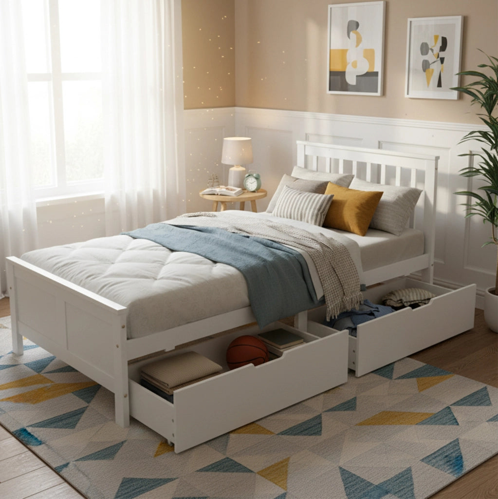 Letto singolo in pino bianco 90x200 cm con 2 cassetti e rete a doghe