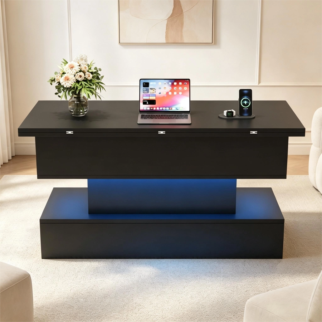 Tavolino da Salotto Sollevabile Nero con Prese USB e LED 100x50x51.5cm