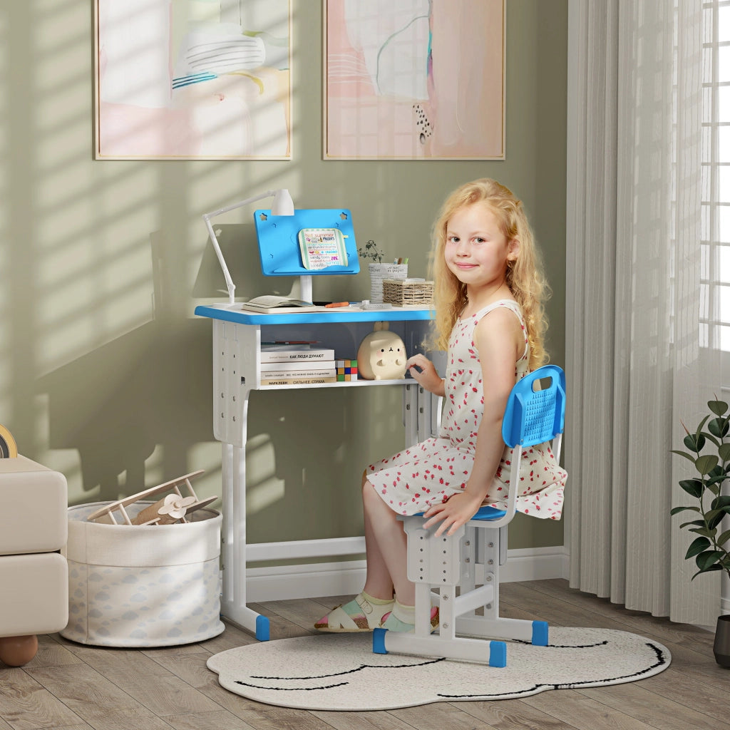 Scrivania e sedia per bambini con leggio portapenne gancio e cassetto 60x45x90-102 cm ¨C Xylo ¨C Blu