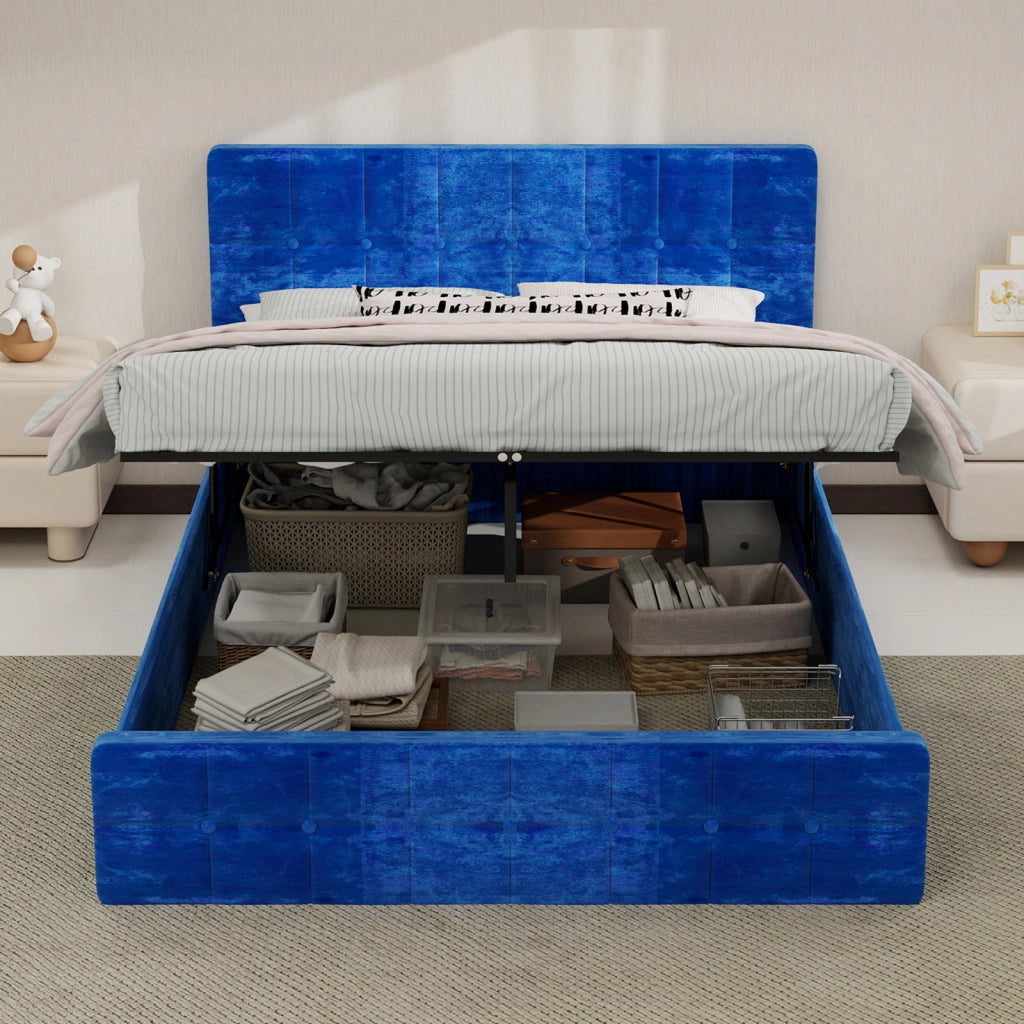 Letto imbottito matrimoniale 140×200 cm con testiera trapuntata, senza materasso, tessuto in velluto blu