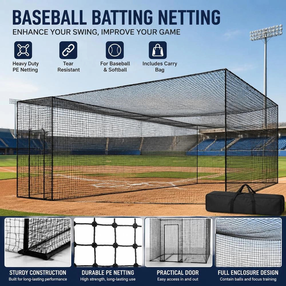 Baseball Batting Cage Net With Frame And Net For Home Or Backyard, 55 Feet, Baseball Cage Net For Hitting And Setting Up, Baseball Net, Batting Cage, For Children Or Adults, Black