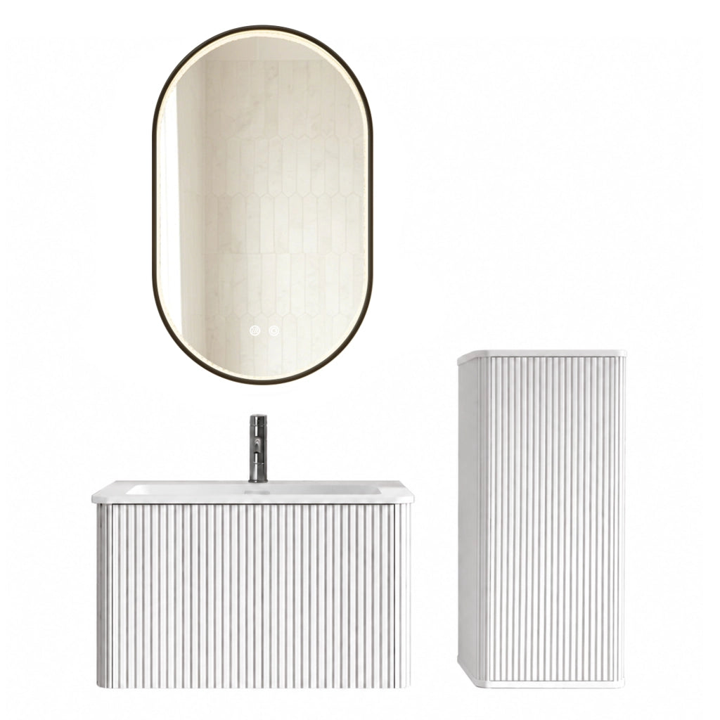 Set mobili da bagno sospesi con lavabo in pietra acrilica, mobile laterale e specchio LED 80 cm, bianco con dettagli a scanalature verticali