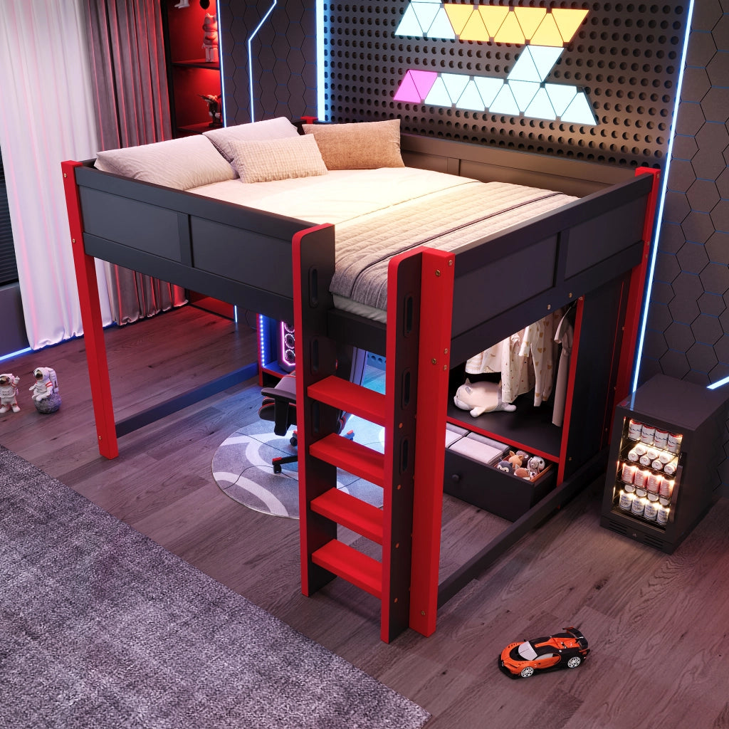 Letto a soppalco 140 × 200 cm con scrivania gaming armadio cassetti ripiani LED RGB scala in legno nero e rosso