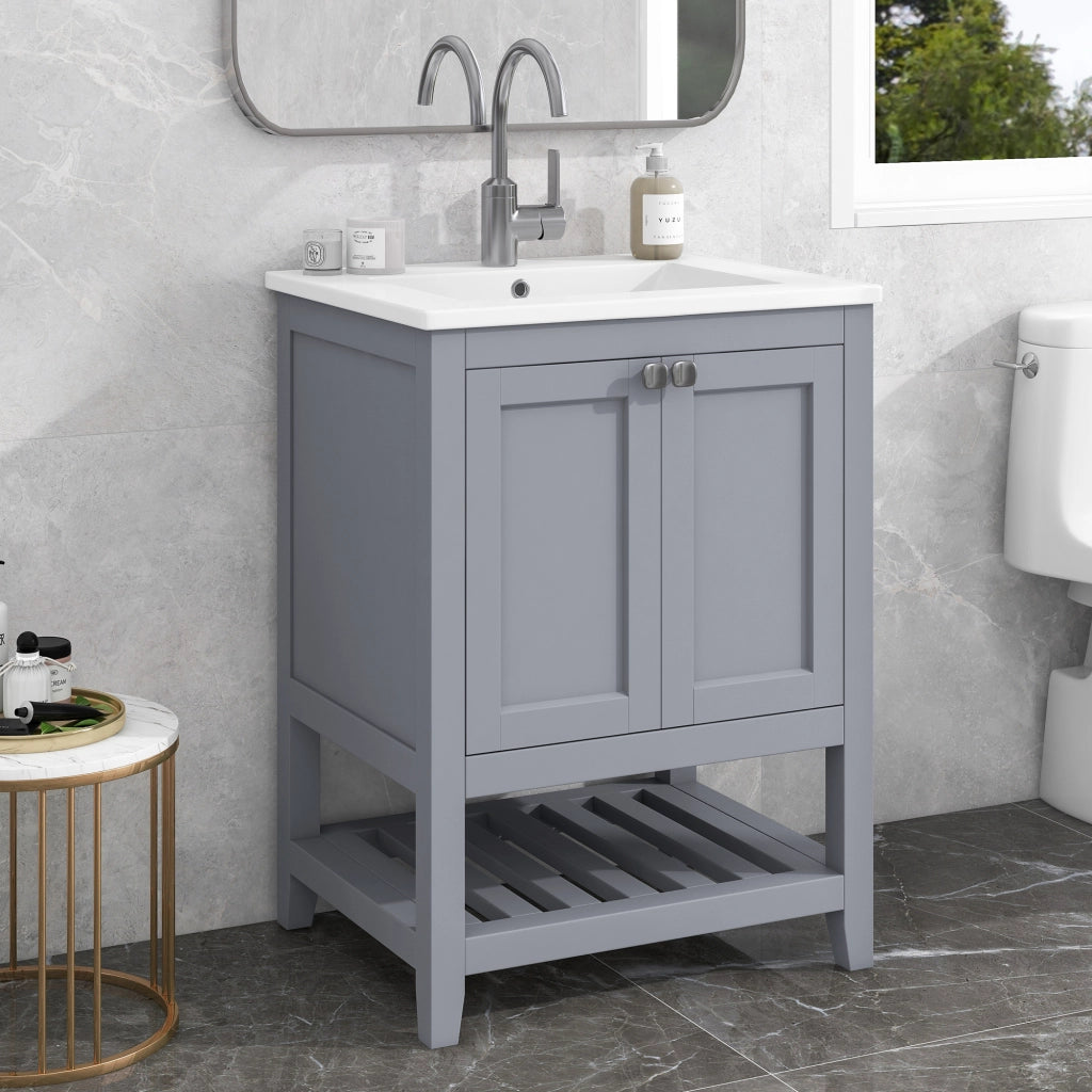 Mobile sottolavabo da bagno con lavabo in ceramica e vano aperto, a pavimento, in legno massello e MDF, grigio e bianco