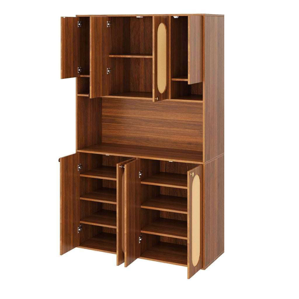 Credenza alta con 8 ante e vano bar aperto con LED regolabile in MDF naturale per sala da pranzo e soggiorno 106 × 40 × 178 cm