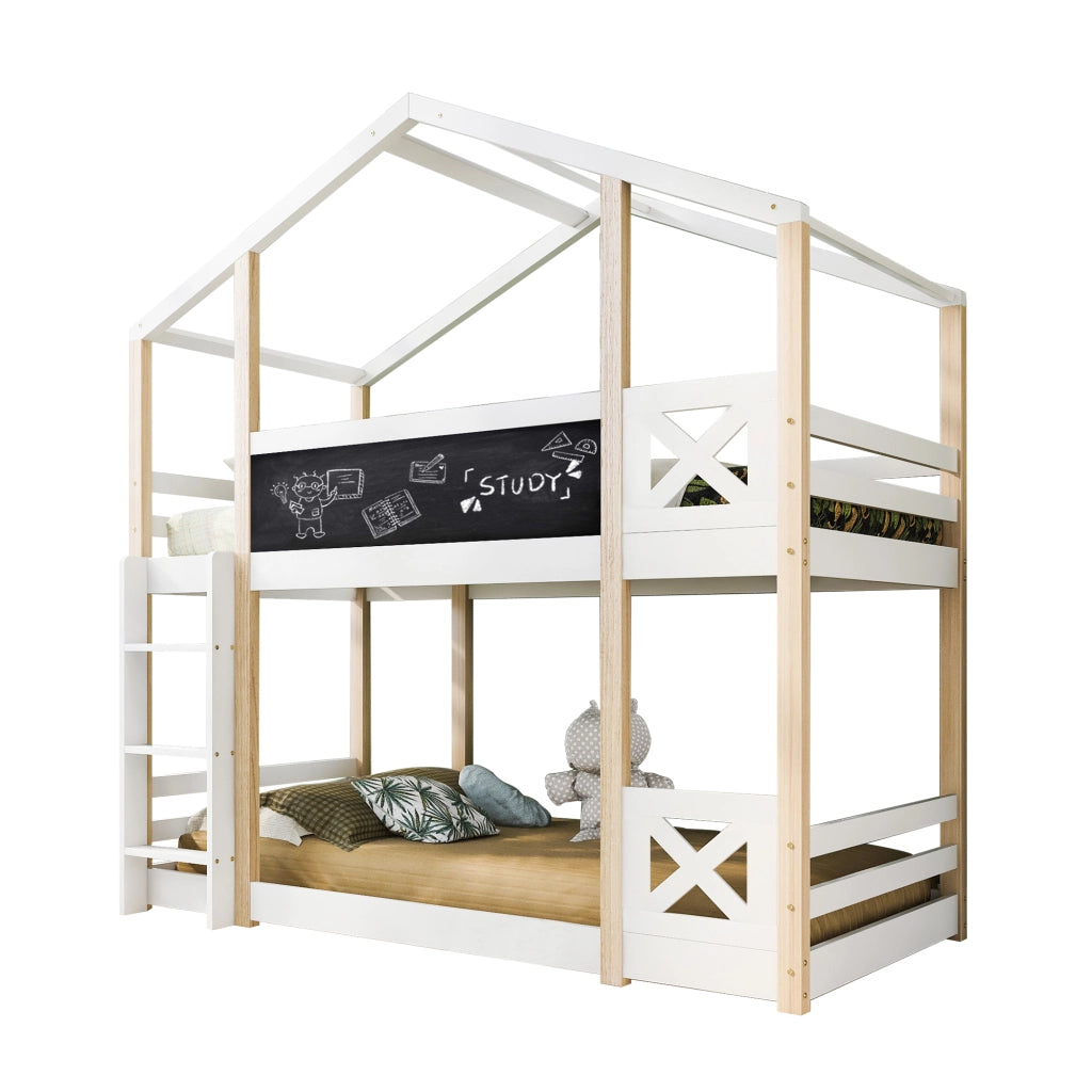 Letto a castello per bambini a casetta con scala 90 x 200 cm, 2 reti a doghe - Naturale e Bianco