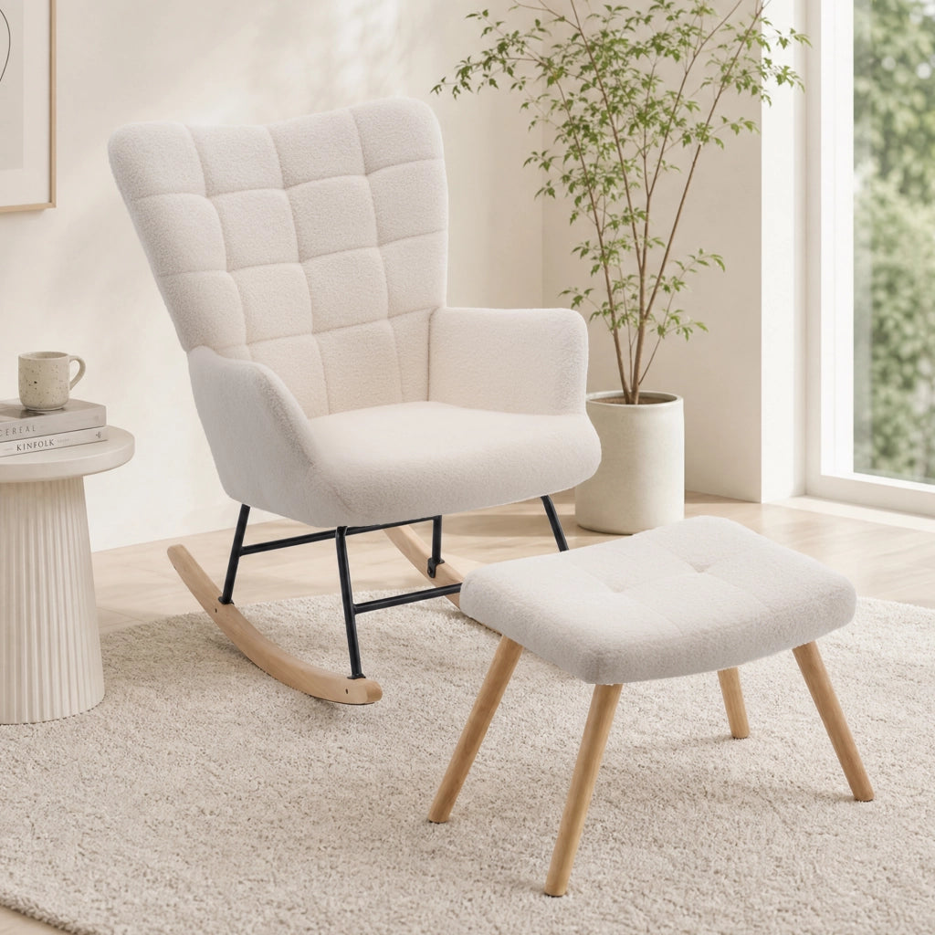 Sedia a dondolo 91x61x88 cm con poggiapiedi in lana d'agnello beige
