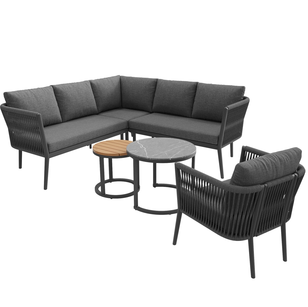 Set Salotto da Esterno Modulare 6 Pezzi per 5-6 Persone con Poltrone in PE Rattan e Tavolini per Giardino, Terrazza o Balcone, Grigio