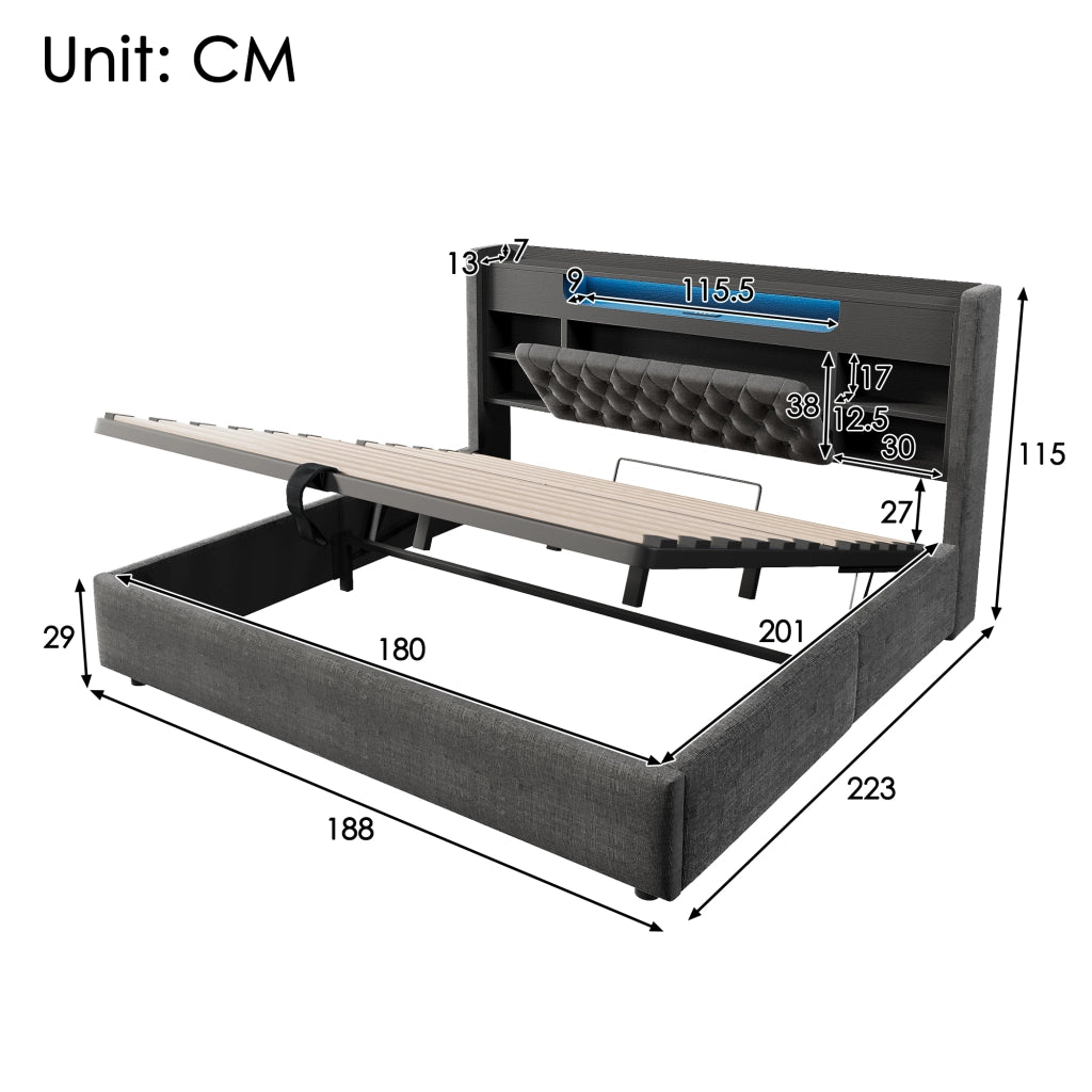 Letto matrimoniale contenitore 180 × 200 cm con LED USB e USB-C in lino grigio con testiera a ripiani