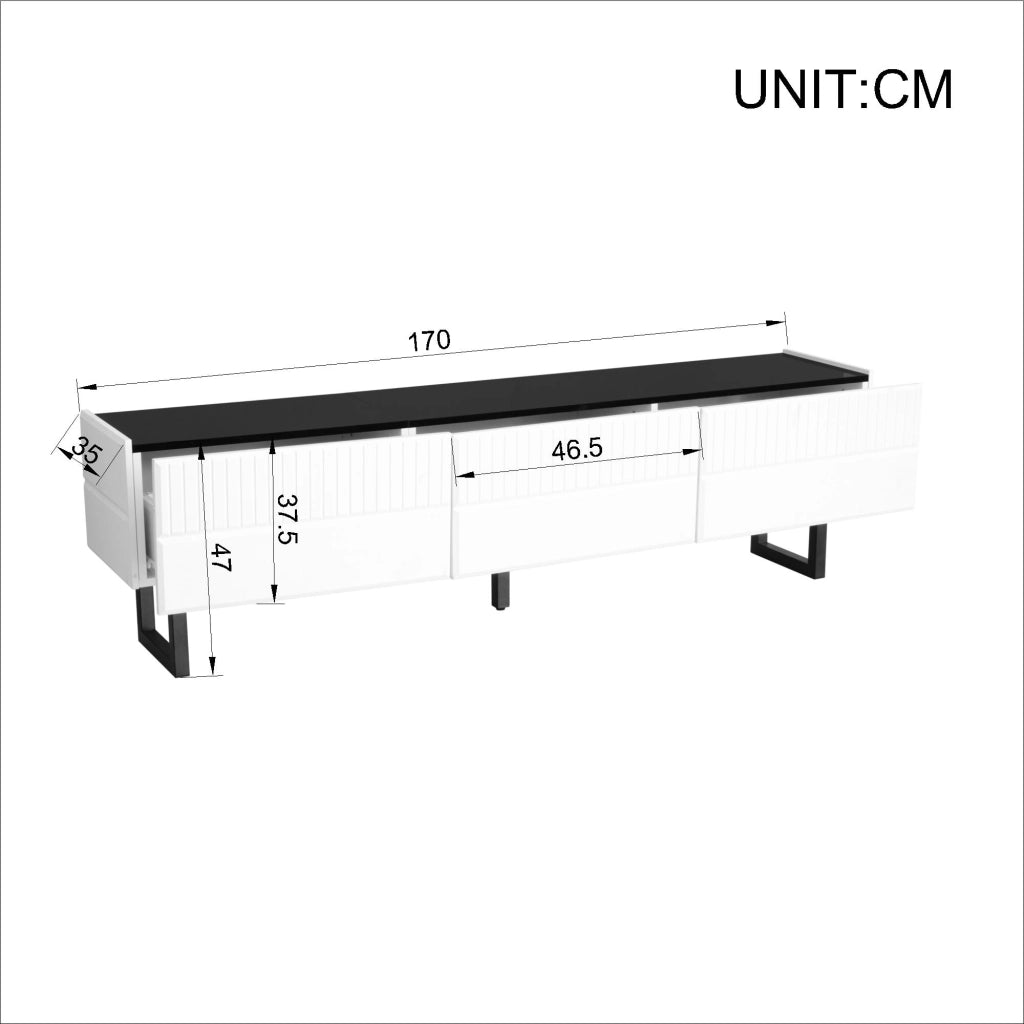 Mobile TV con cassetti; gambe in ferro e piano lucido in MDF e pannello truciolare nero e bianco 170 × 35 × 47 cm