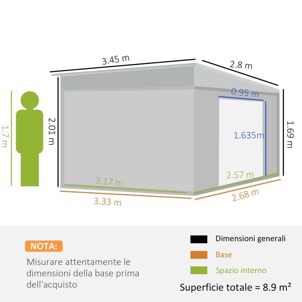 Casetta da Giardino con Porta Scorrevole, in Acciaio, 345x280.5x169-201cm, Grigio