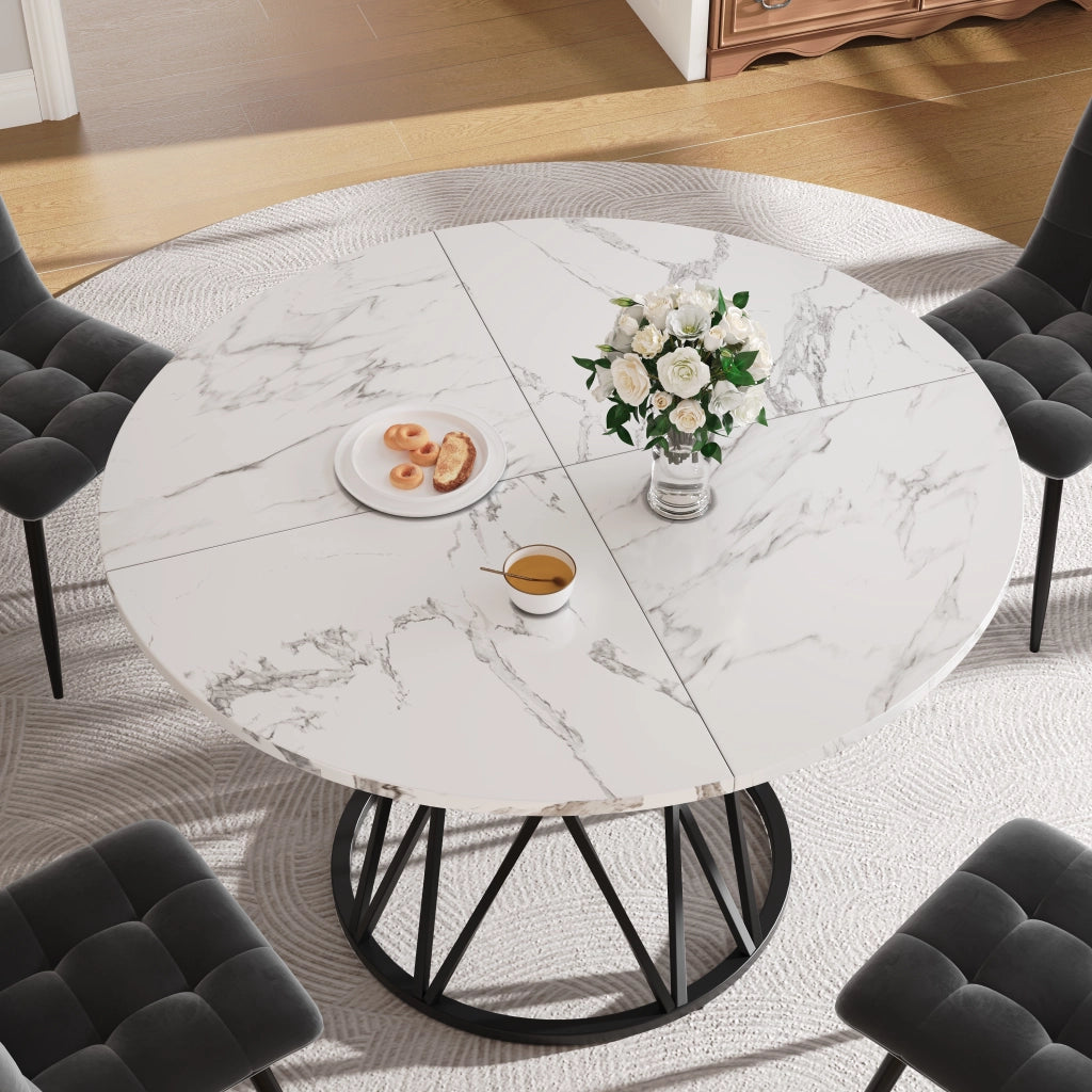 Tavolo da pranzo per 4 persone con piano rotondo e piedini regolabili, in MDF effetto marmo, nero, 100 × 100 × 76 cm
