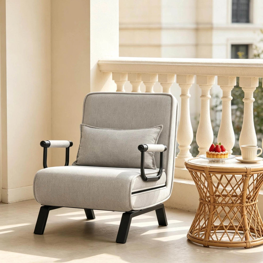 Poltrona Letto Pieghevole con Schienale Regolabile e Struttura in Metallo, 3 in 1 Divano, Poltrona e Letto, 65x78x75 cm
