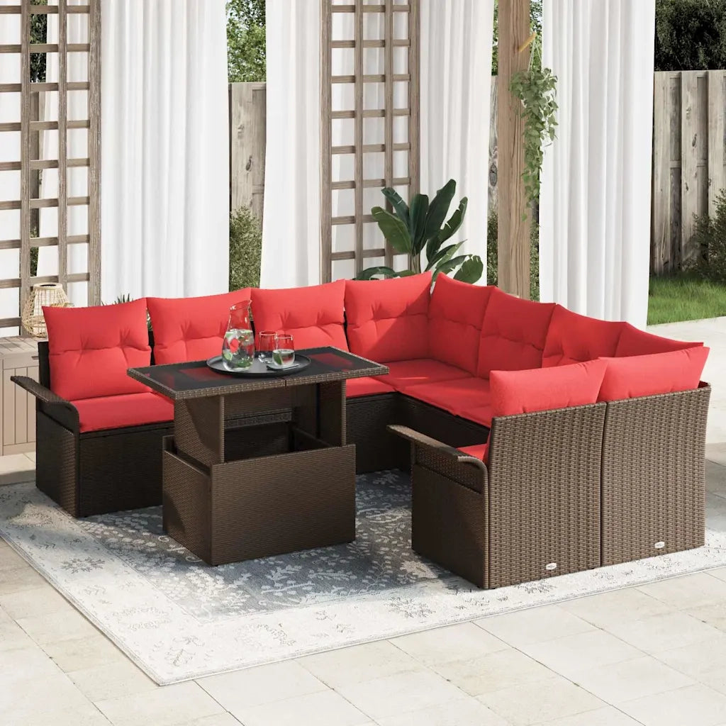 Set Divano da Giardino con cuscino 9 pcs Marrone Poly Rattan 3348260